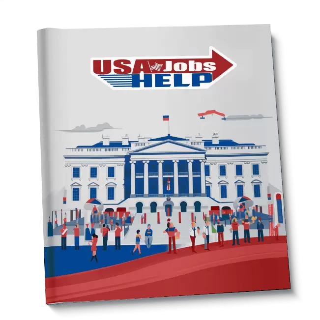 A guidebook featuring an illustration of a number of Federal applicant walking to Washington, DC below the USAJobsHELP logo.