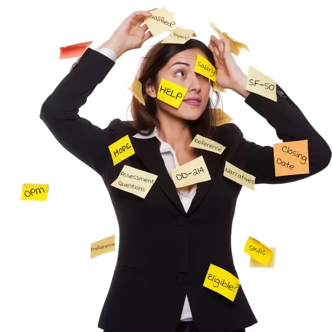 A woman wearing professional attire covered in post-it reminders of various Federal application requirements.