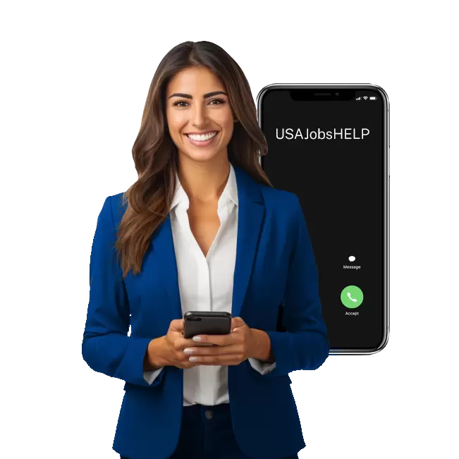 A woman in blue professional attire holds a cellphone and smiles towards you. Behind her, the phone's display shows an incoming phone call from USAJobsHELP.